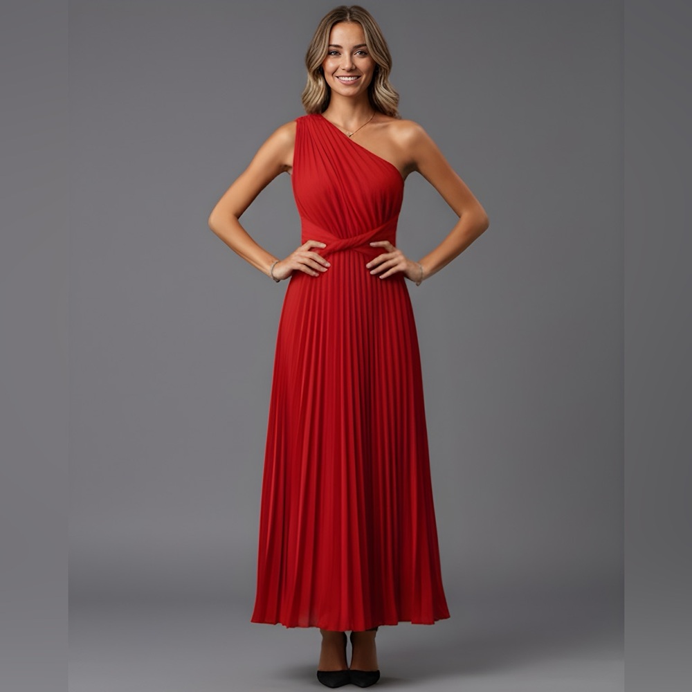 Red One Shoulder Twist Front Pleated Hem Dress* - Picture 2 of 10